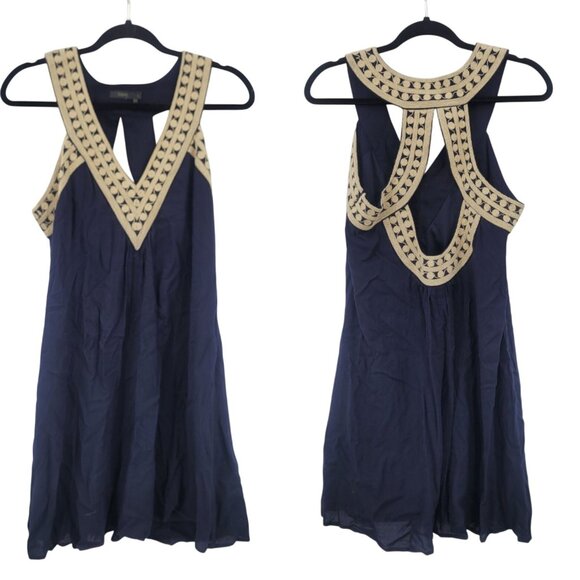 THML Navy Blue Sleeveless Swing Dress Sz L Embroidered V-Neck Cutout Back Rayon - Picture 2 of 9